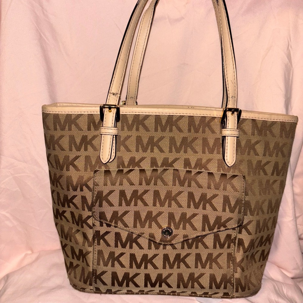 MICHAEL KORS Jet Set Logo, Large Tote Canvas Leather Bag Brown